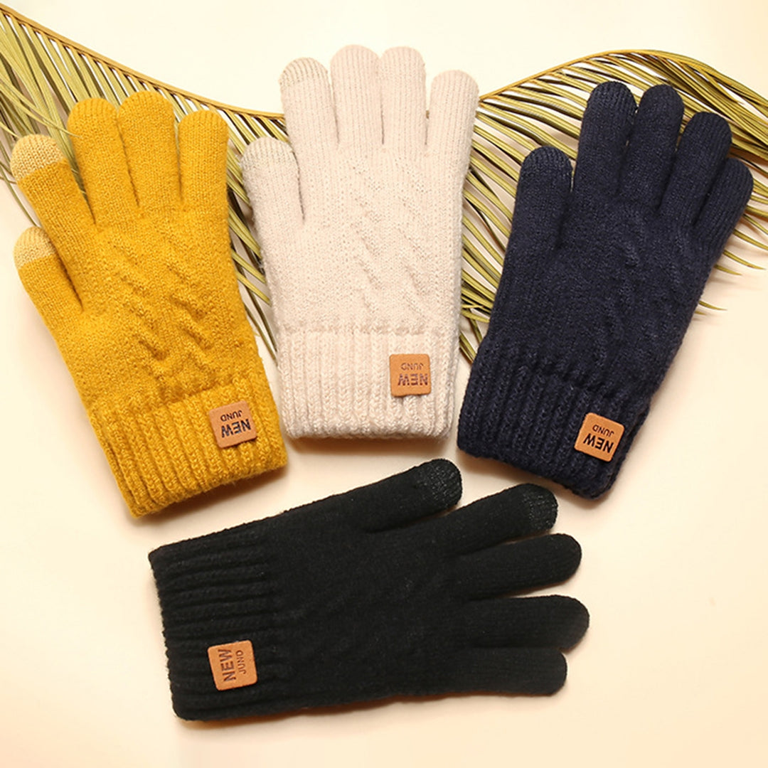 1 Pair Women Winter Solid Color Knitting Gloves Loge Pattern Double Layer Thickened Cuffs Gloves Touch Screen Fleece Image 6