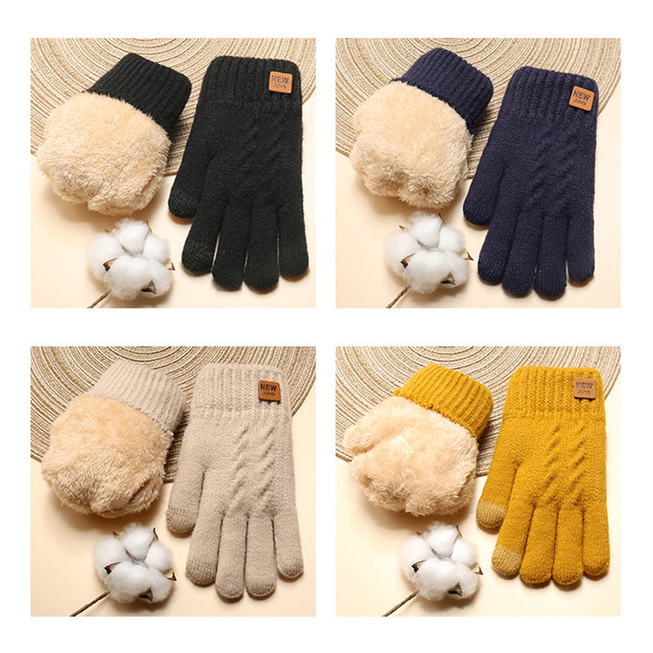1 Pair Women Winter Solid Color Knitting Gloves Loge Pattern Double Layer Thickened Cuffs Gloves Touch Screen Fleece Image 10