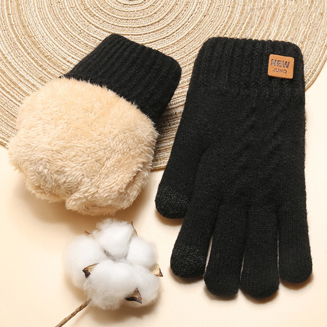 1 Pair Women Winter Solid Color Knitting Gloves Loge Pattern Double Layer Thickened Cuffs Gloves Touch Screen Fleece Image 11