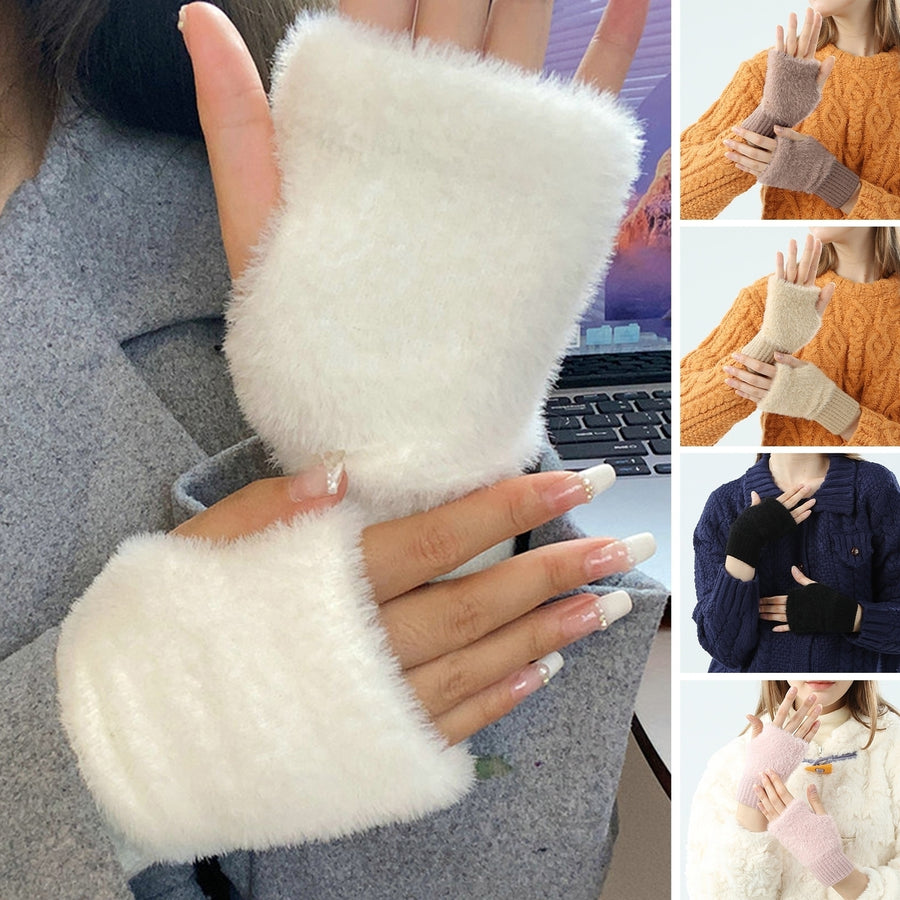 1 Pair Women Winter Solid Color Plush Warm Gloves Fingerless Outdoor Warm Stretchy Furry Mittens Imitation Mink Hair Image 1