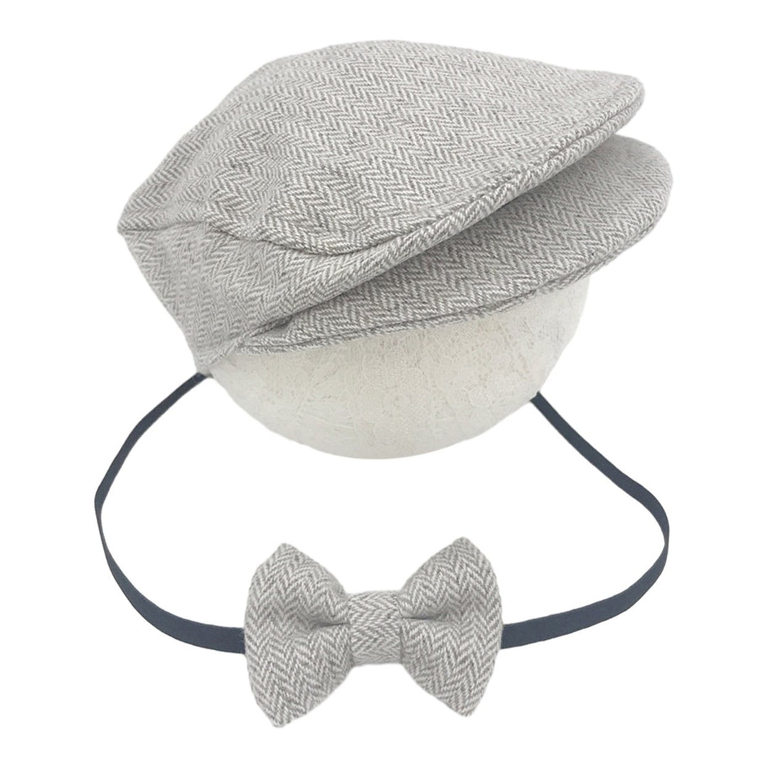 1 Set Hat Bow Set Baby Newborn Herringbone Peaked Cap Adjustable Lace Up Bow Tie Breathable Toddler Photo Photography Image 1