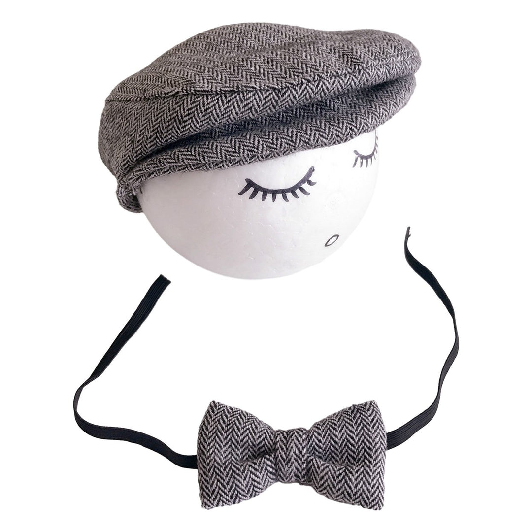 1 Set Hat Bow Set Baby Newborn Herringbone Peaked Cap Adjustable Lace Up Bow Tie Breathable Toddler Photo Photography Image 1