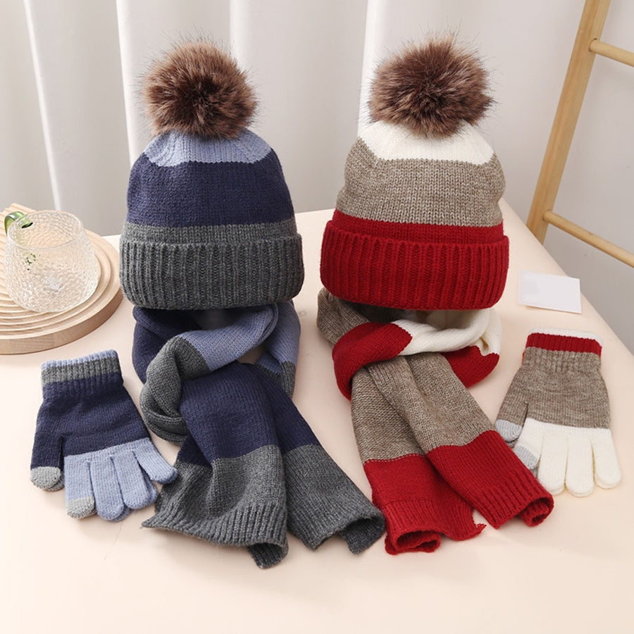 3Pcs/Set Kids Winter Hat Gloves Scarf Set Plush Ball Decor Striped Print Thickened Fleece Lining Image 1