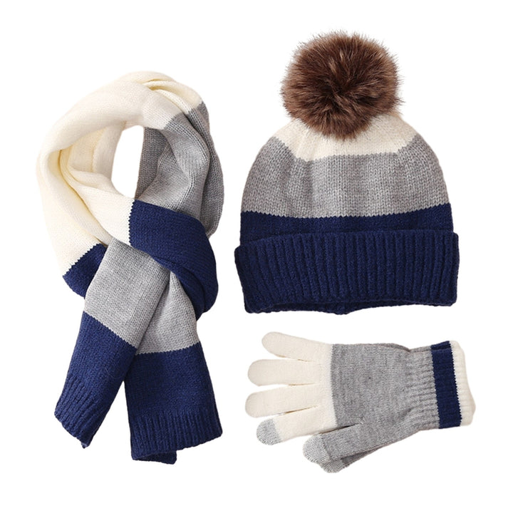 3Pcs/Set Kids Winter Hat Gloves Scarf Set Plush Ball Decor Striped Print Thickened Fleece Lining Image 3