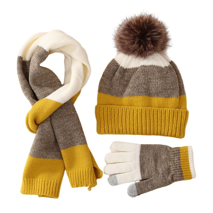 3Pcs/Set Kids Winter Hat Gloves Scarf Set Plush Ball Decor Striped Print Thickened Fleece Lining Image 1