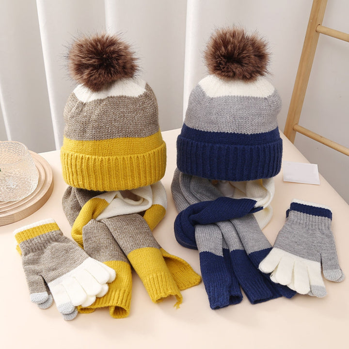 3Pcs/Set Kids Winter Hat Gloves Scarf Set Plush Ball Decor Striped Print Thickened Fleece Lining Image 6