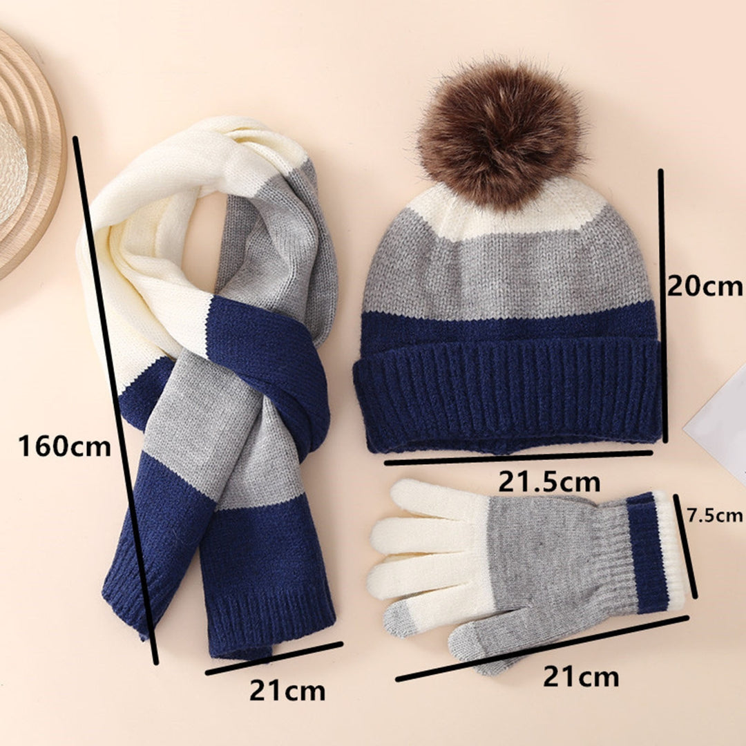 3Pcs/Set Kids Winter Hat Gloves Scarf Set Plush Ball Decor Striped Print Thickened Fleece Lining Image 9