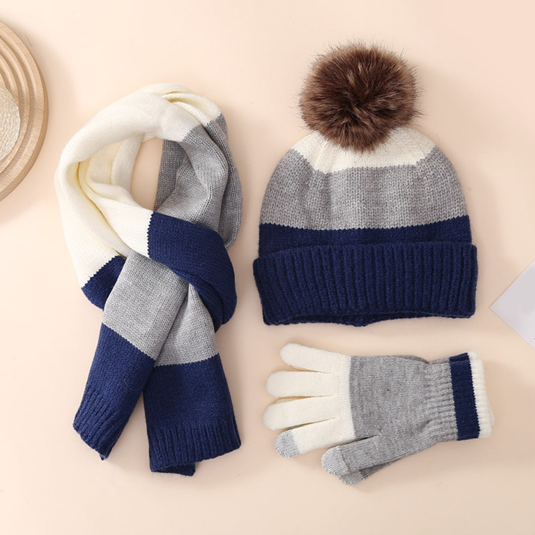 3Pcs/Set Kids Winter Hat Gloves Scarf Set Plush Ball Decor Striped Print Thickened Fleece Lining Image 10