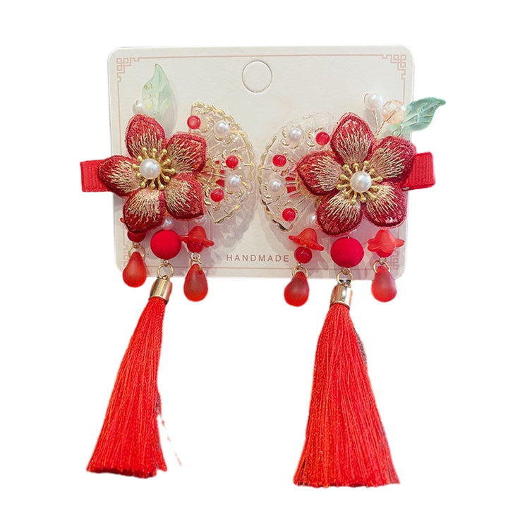 1 Pair Girls Hairpins Chinese Style Long Tassel Flower Beads Bow Decor Anti-slip Festive Photo Prop Image 4