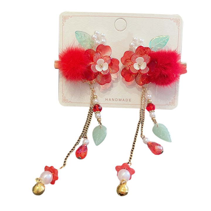 1 Pair Girls Hairpins Chinese Style Long Tassel Flower Beads Bow Decor Anti-slip Festive Photo Prop Image 4