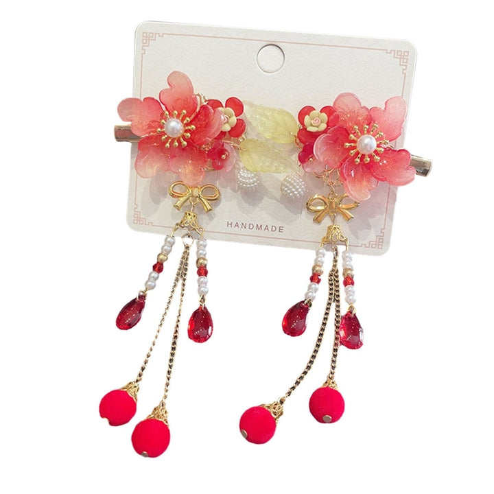 1 Pair Girls Hairpins Chinese Style Long Tassel Flower Beads Bow Decor Anti-slip Festive Photo Prop Image 1