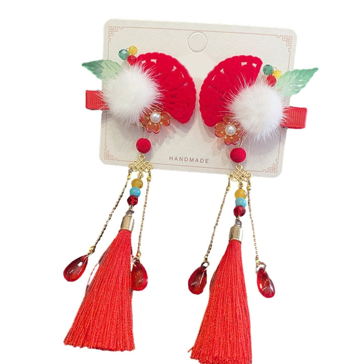 1 Pair Girls Hairpins Chinese Style Long Tassel Flower Beads Bow Decor Anti-slip Festive Photo Prop Image 1