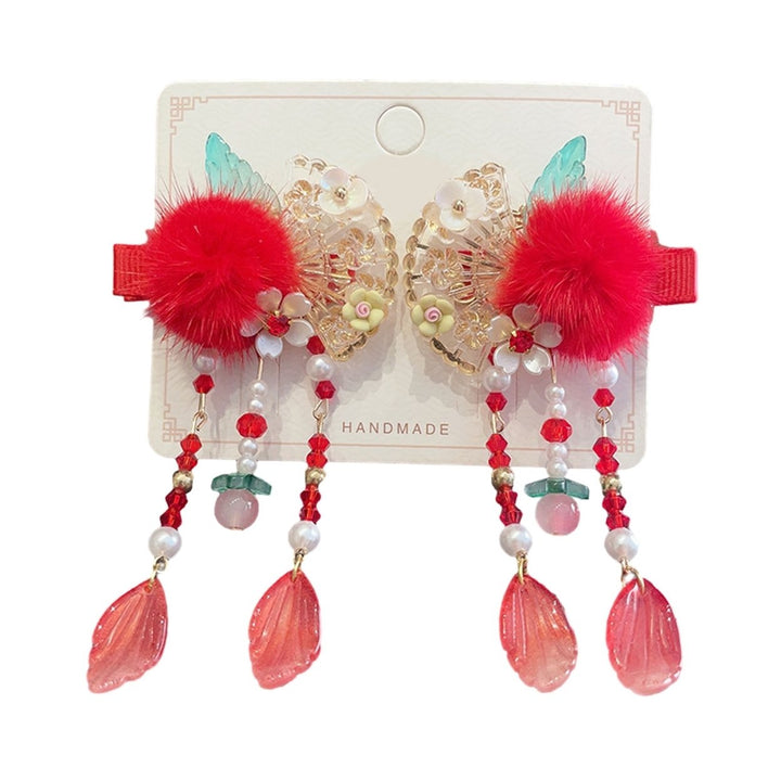 1 Pair Girls Hairpins Chinese Style Long Tassel Flower Beads Bow Decor Anti-slip Festive Photo Prop Image 1