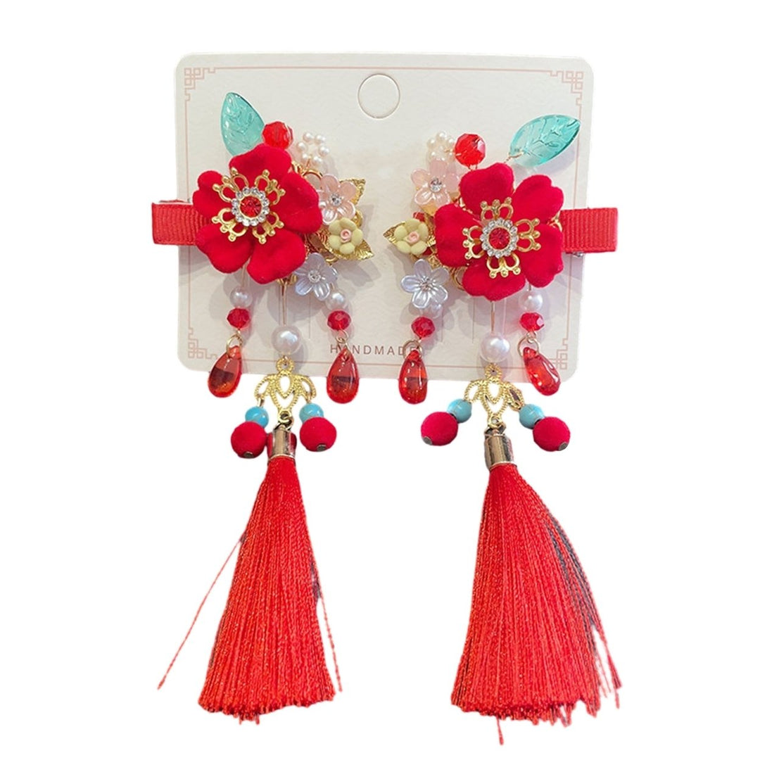 1 Pair Girls Hairpins Chinese Style Long Tassel Flower Beads Bow Decor Anti-slip Festive Photo Prop Image 1