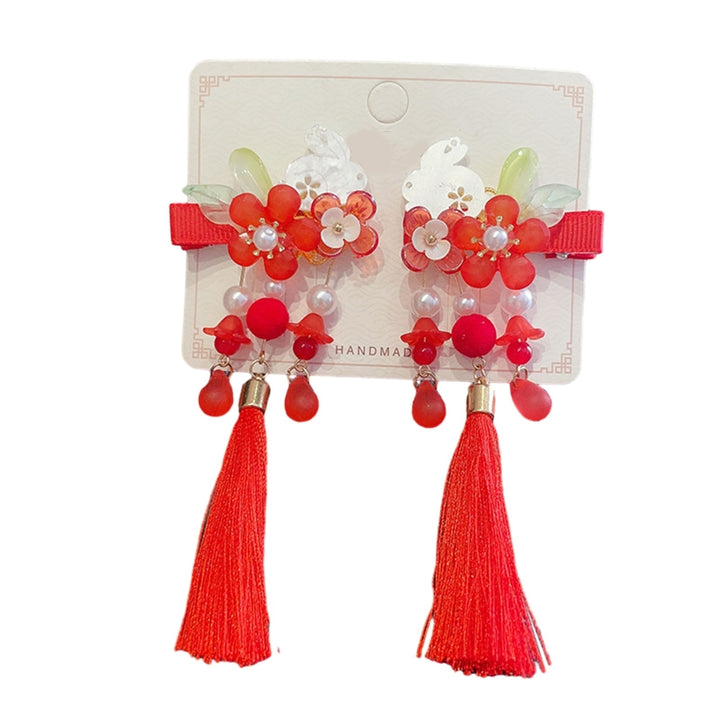 1 Pair Girls Hairpins Chinese Style Long Tassel Flower Beads Bow Decor Anti-slip Festive Photo Prop Image 12