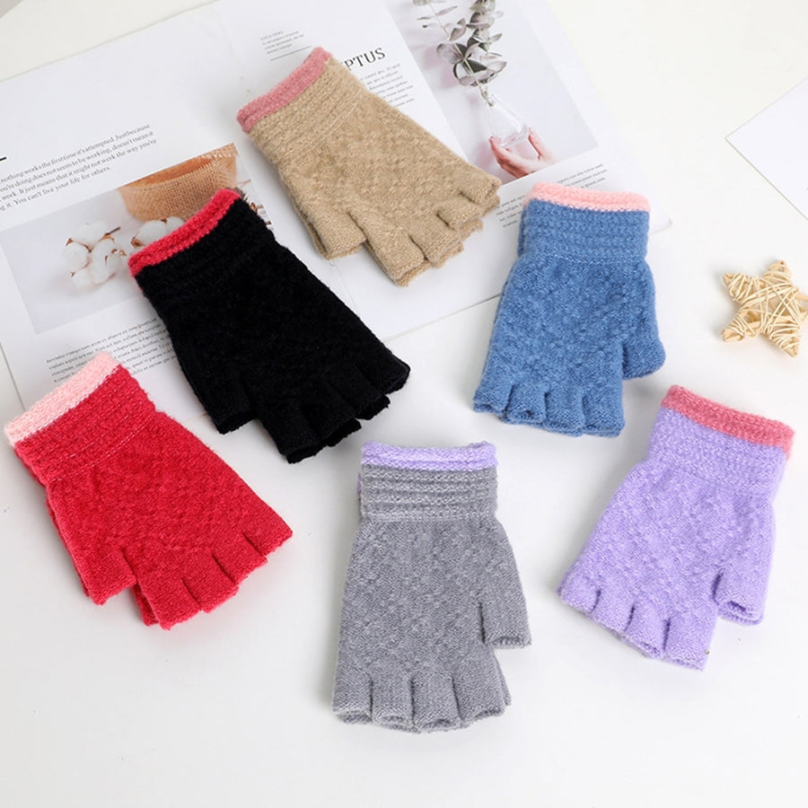 1 Pair Half-finger Gloves Knitted Contrast Color Elastic Warm Anti-shrink Anti-slip Windproof Soft Image 1
