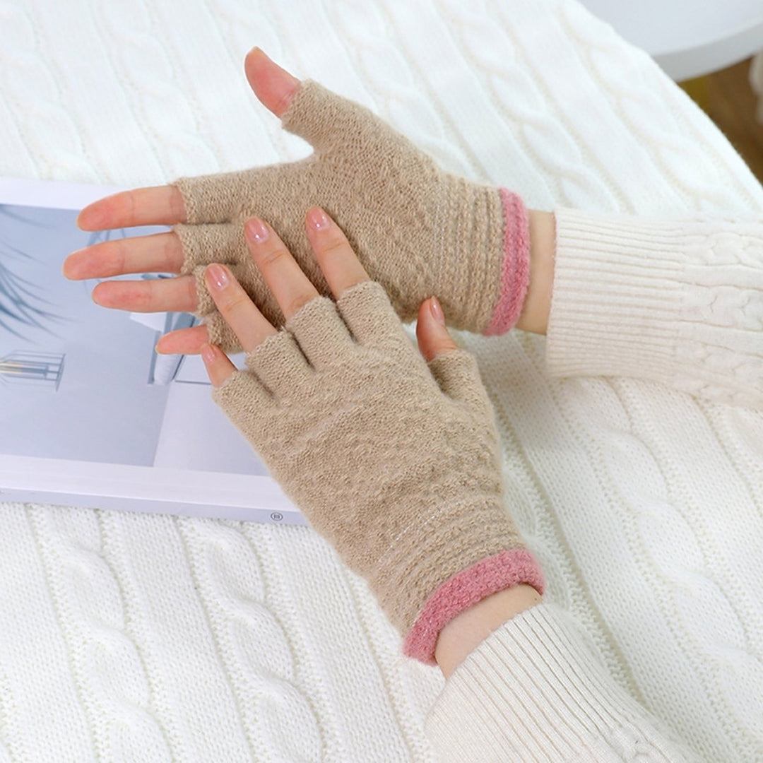 1 Pair Half-finger Gloves Knitted Contrast Color Elastic Warm Anti-shrink Anti-slip Windproof Soft Image 2