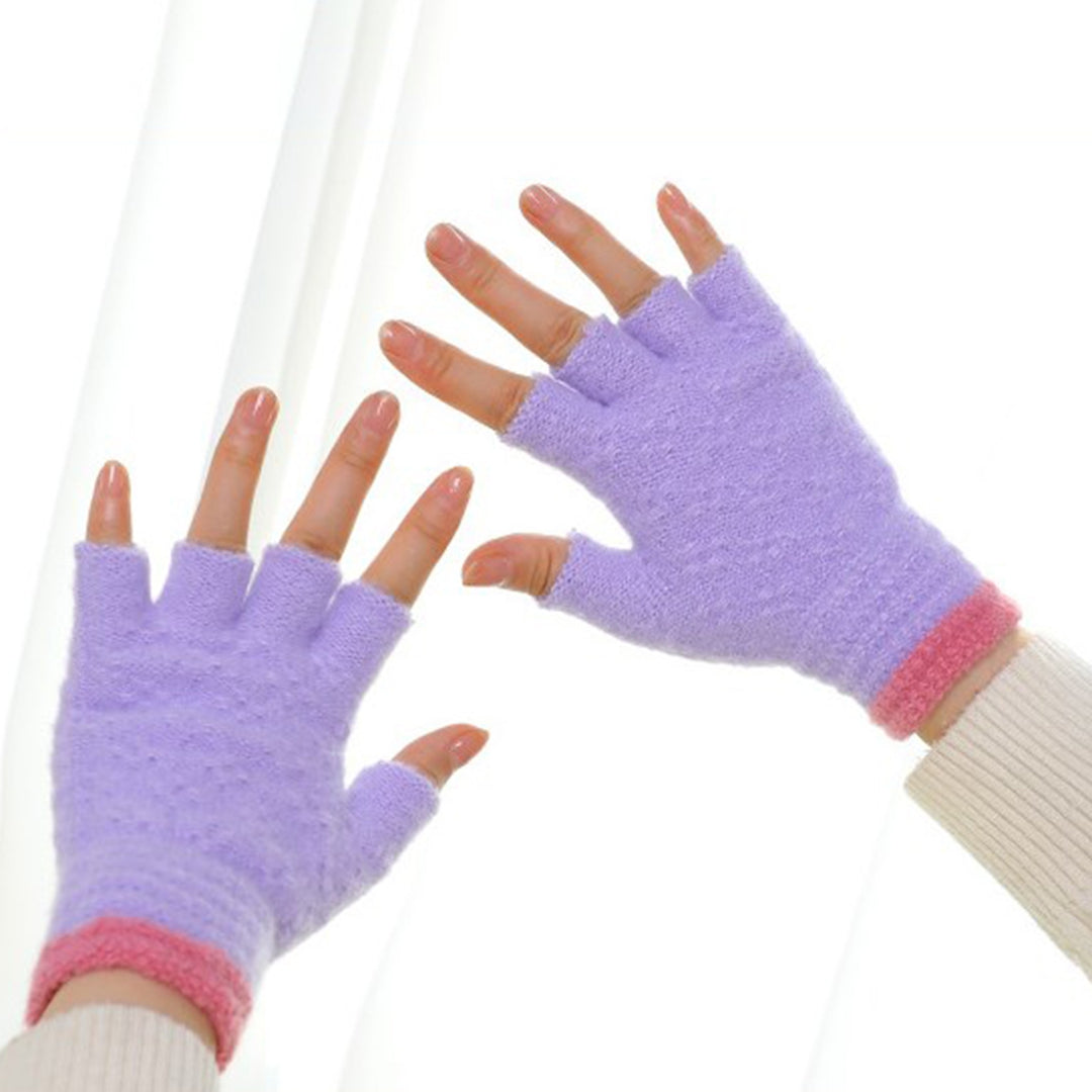 1 Pair Half-finger Gloves Knitted Contrast Color Elastic Warm Anti-shrink Anti-slip Windproof Soft Image 4