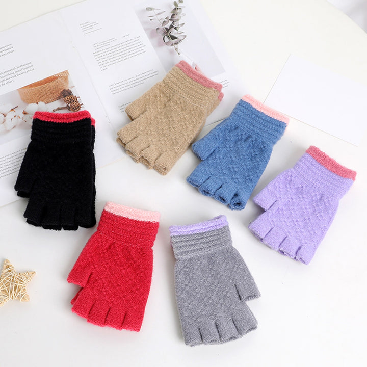 1 Pair Half-finger Gloves Knitted Contrast Color Elastic Warm Anti-shrink Anti-slip Windproof Soft Image 7