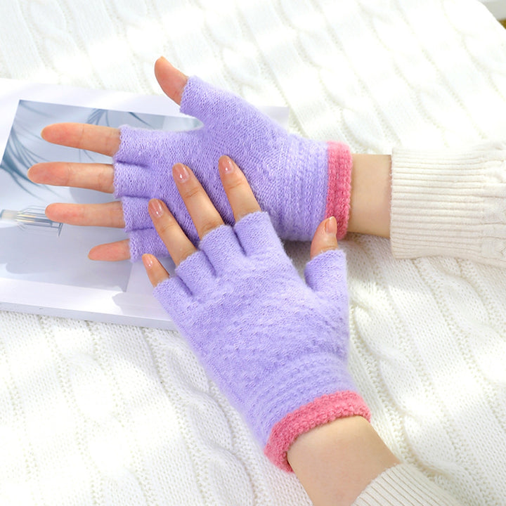 1 Pair Half-finger Gloves Knitted Contrast Color Elastic Warm Anti-shrink Anti-slip Windproof Soft Image 8