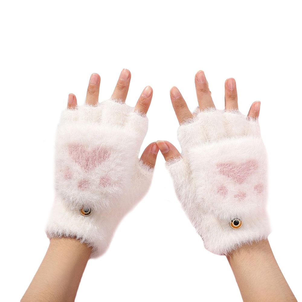 1 Pair Women Winter Gloves Cute Cat Paw Shape Soft Thick Plush Elastic Flip-finger Knitted Five Image 2
