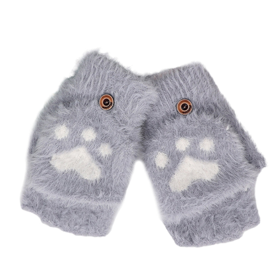 1 Pair Women Winter Gloves Cute Cat Paw Shape Soft Thick Plush Elastic Flip-finger Knitted Five Image 3