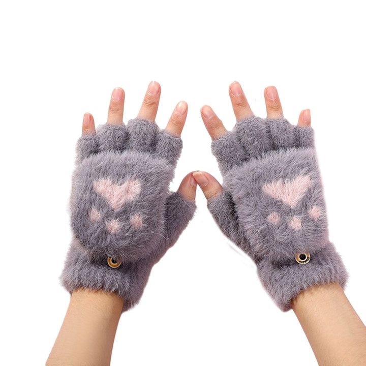 1 Pair Women Winter Gloves Cute Cat Paw Shape Soft Thick Plush Elastic Flip-finger Knitted Five Image 1