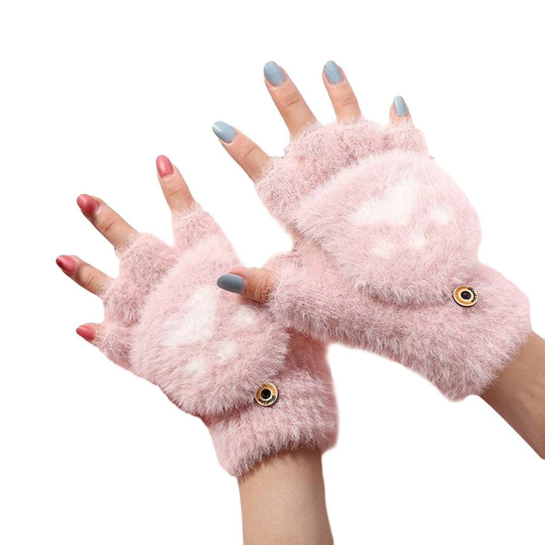 1 Pair Women Winter Gloves Cute Cat Paw Shape Soft Thick Plush Elastic Flip-finger Knitted Five Image 1