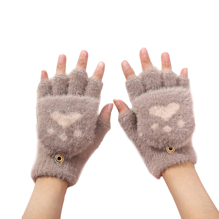 1 Pair Women Winter Gloves Cute Cat Paw Shape Soft Thick Plush Elastic Flip-finger Knitted Five Image 6