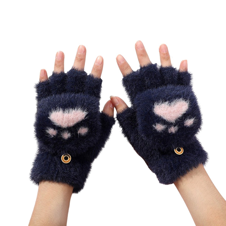 1 Pair Women Winter Gloves Cute Cat Paw Shape Soft Thick Plush Elastic Flip-finger Knitted Five Image 7
