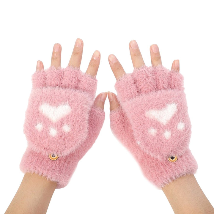 1 Pair Women Winter Gloves Cute Cat Paw Shape Soft Thick Plush Elastic Flip-finger Knitted Five Image 1