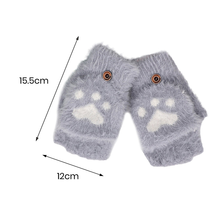 1 Pair Women Winter Gloves Cute Cat Paw Shape Soft Thick Plush Elastic Flip-finger Knitted Five Image 12