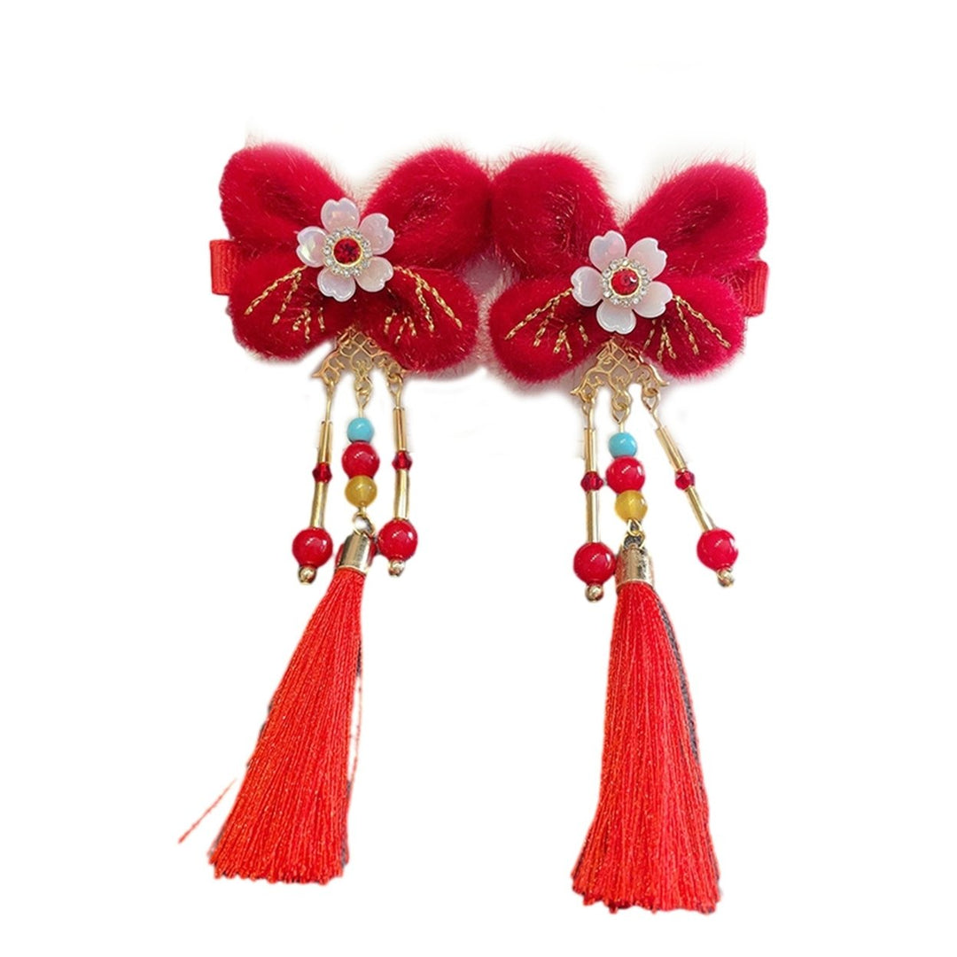 1 Pair Girls Hairpins Chinese Style Tassel Plush Ball Faux Pearl Bow Decor Anti-slip Festive Photo Prop Year Hair Image 1