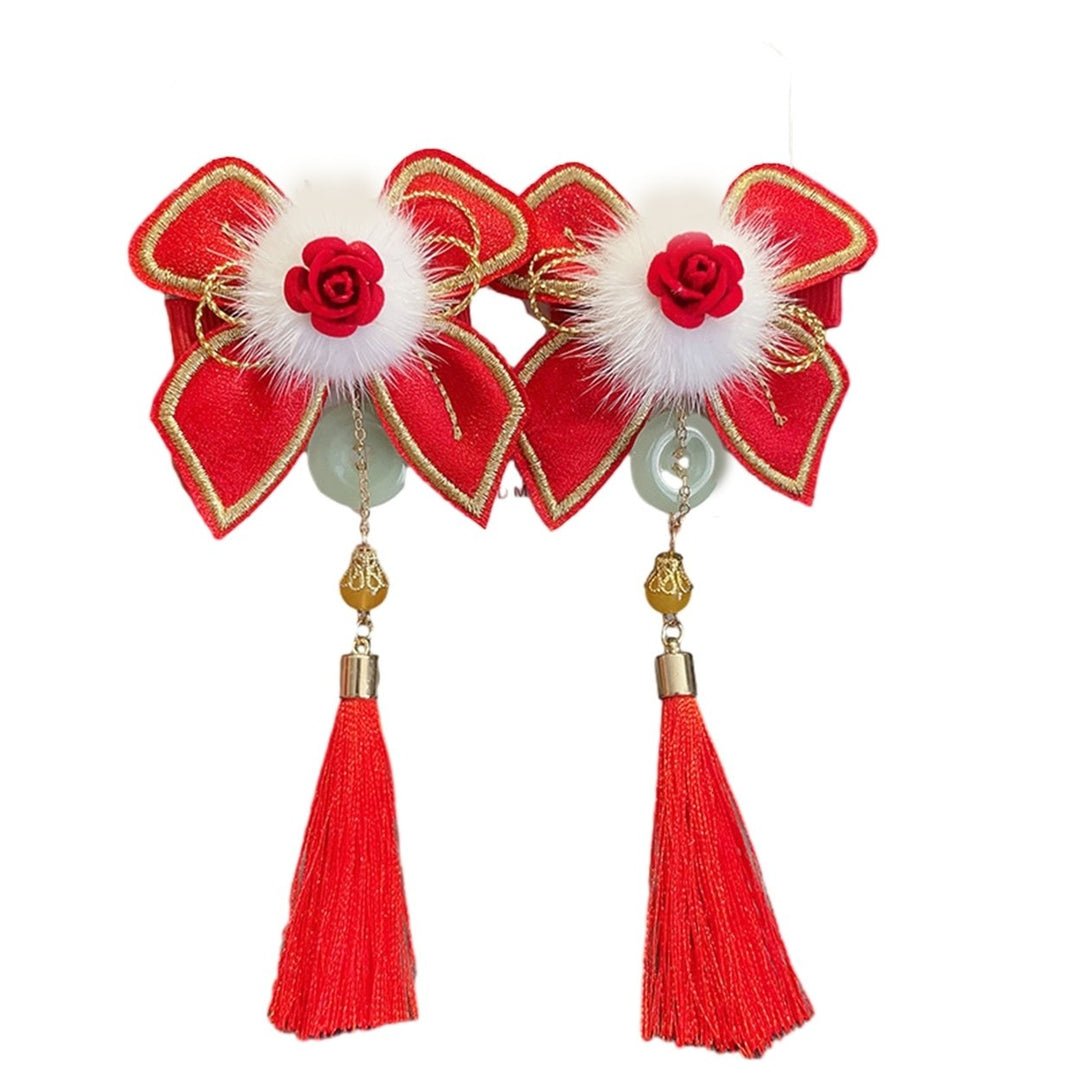 1 Pair Girls Hairpins Chinese Style Tassel Plush Ball Faux Pearl Bow Decor Anti-slip Festive Photo Prop Year Hair Image 1