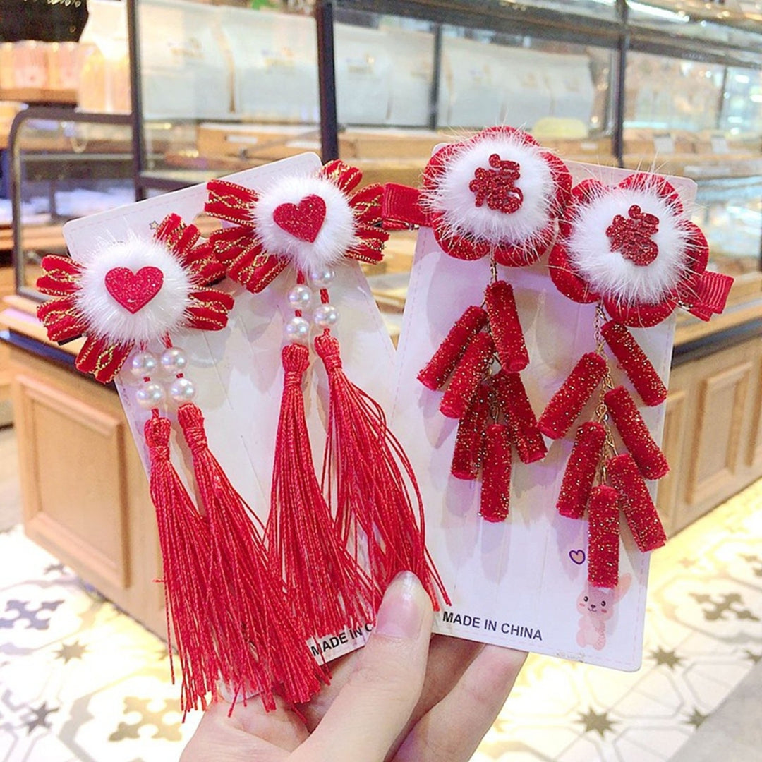 1 Pair Kids Festive  Year Hairpins Long Tassel Plush Balls Beads Bowknot Decor Red Hair Clips Hanfu Headwear Tang Suit Image 1