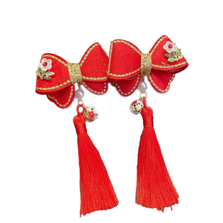 1 Pair Girls Hairpins Chinese Style Tassel Plush Ball Faux Pearl Bow Decor Anti-slip Festive Photo Prop  Year Hair Image 1