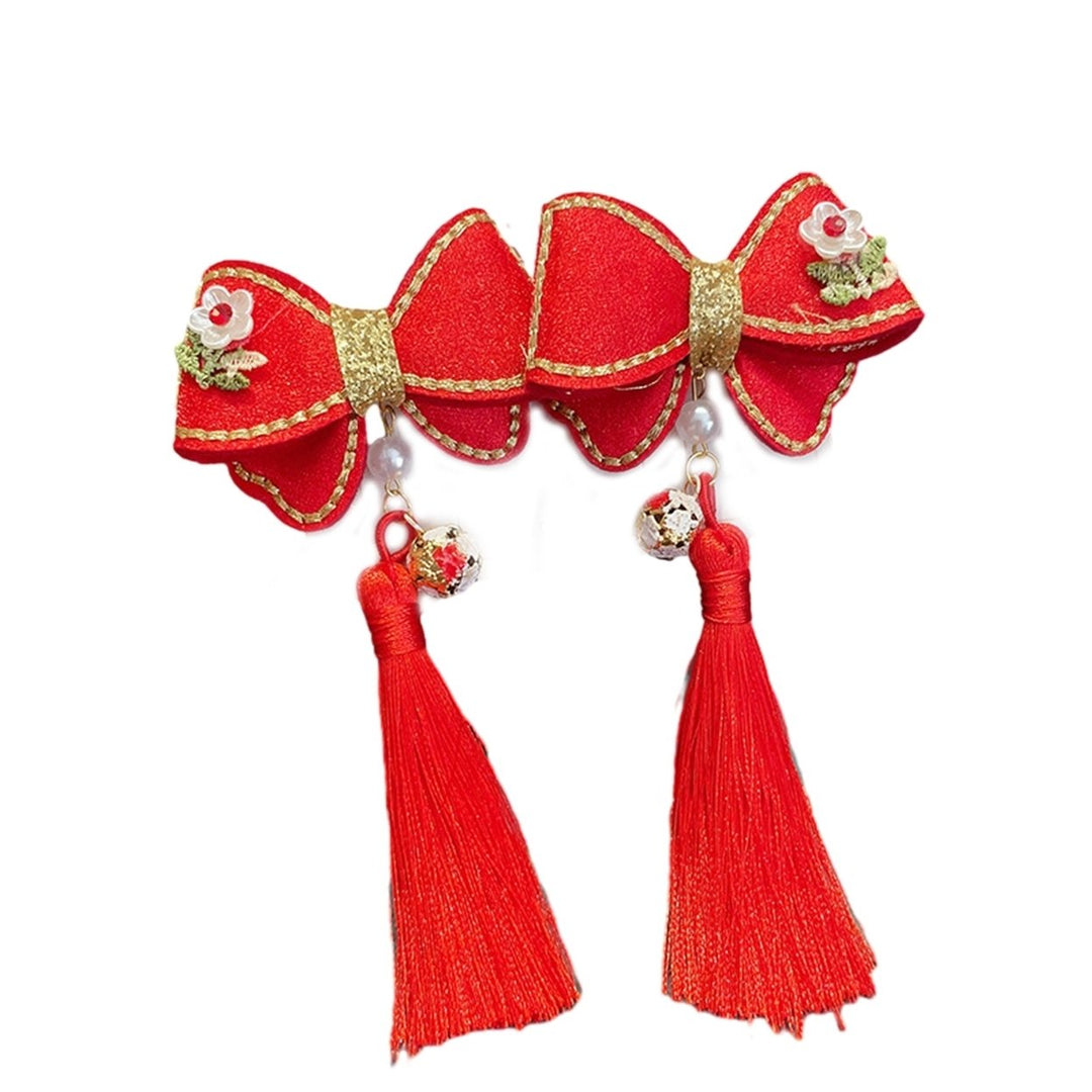 1 Pair Girls Hairpins Chinese Style Tassel Plush Ball Faux Pearl Bow Decor Anti-slip Festive Photo Prop Year Hair Image 1