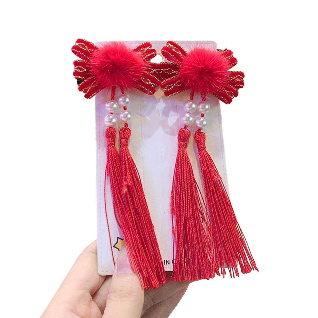 1 Pair Kids Festive  Year Hairpins Long Tassel Plush Balls Beads Bowknot Decor Red Hair Clips Hanfu Headwear Tang Suit Image 3