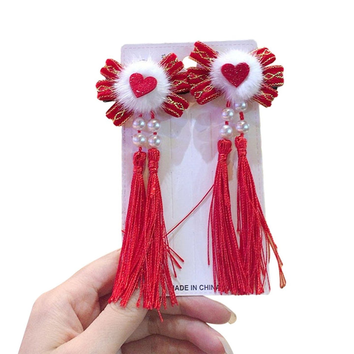 1 Pair Kids Festive  Year Hairpins Long Tassel Plush Balls Beads Bowknot Decor Red Hair Clips Hanfu Headwear Tang Suit Image 1