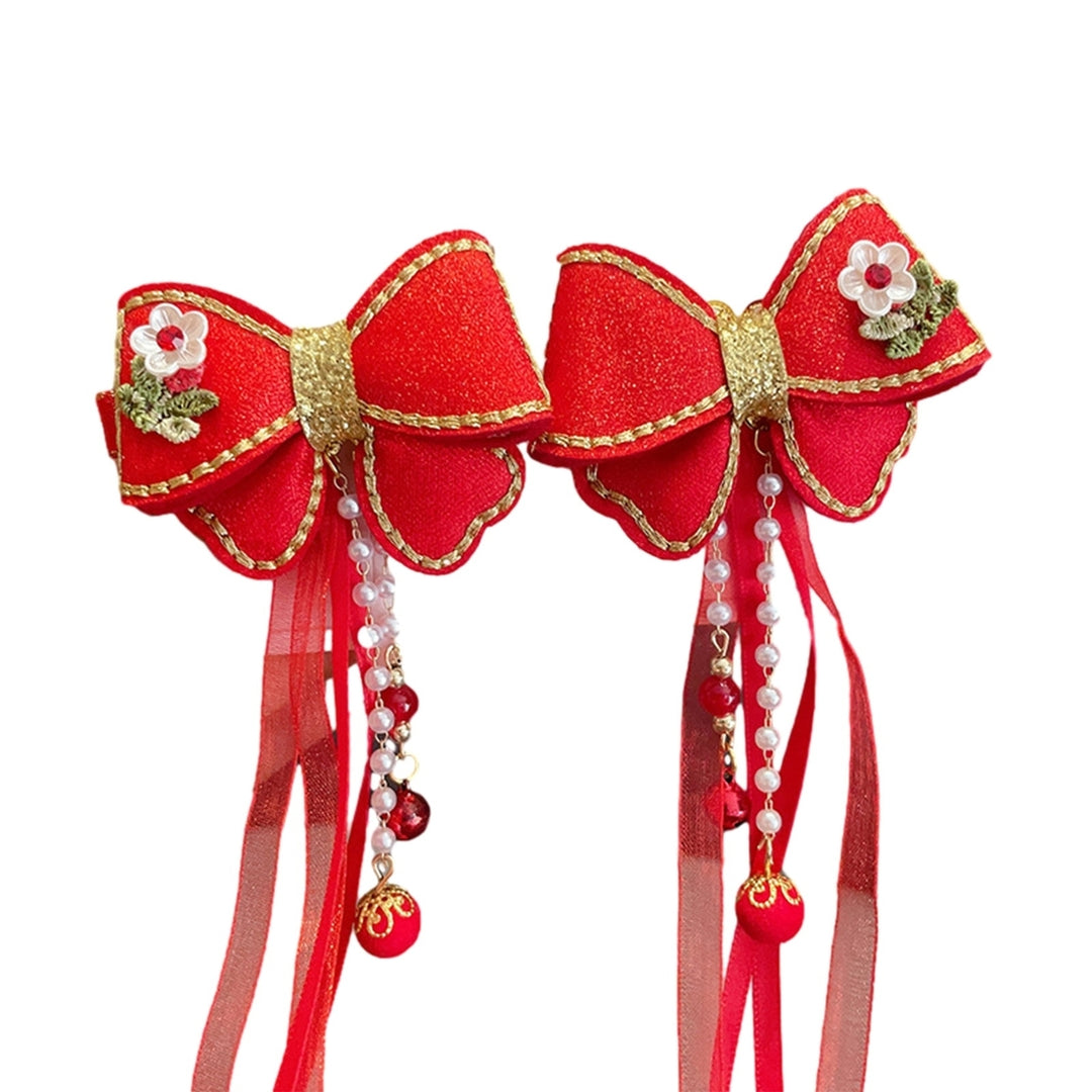 1 Pair Girls Hairpins Chinese Style Tassel Plush Ball Faux Pearl Bow Decor Anti-slip Festive Photo Prop  Year Hair Image 12