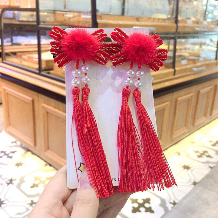 1 Pair Kids Festive  Year Hairpins Long Tassel Plush Balls Beads Bowknot Decor Red Hair Clips Hanfu Headwear Tang Suit Image 6
