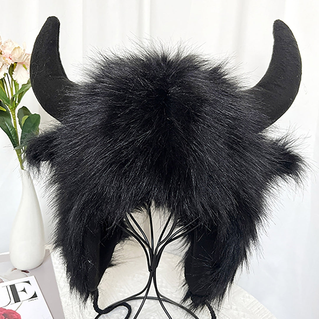 Winter Funny Hat Fake Cow Horn Decor Thunderbolt Thick Warm Faux faux Ear Protection Personality Image 1