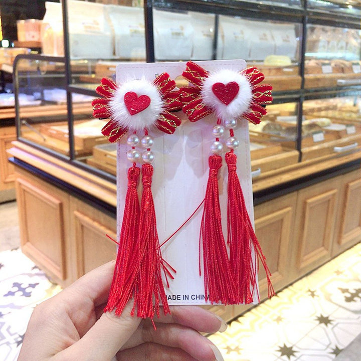 1 Pair Kids Festive  Year Hairpins Long Tassel Plush Balls Beads Bowknot Decor Red Hair Clips Hanfu Headwear Tang Suit Image 9