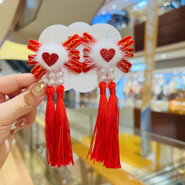 1 Pair Kids Festive  Year Hairpins Long Tassel Plush Balls Beads Bowknot Decor Red Hair Clips Hanfu Headwear Tang Suit Image 10