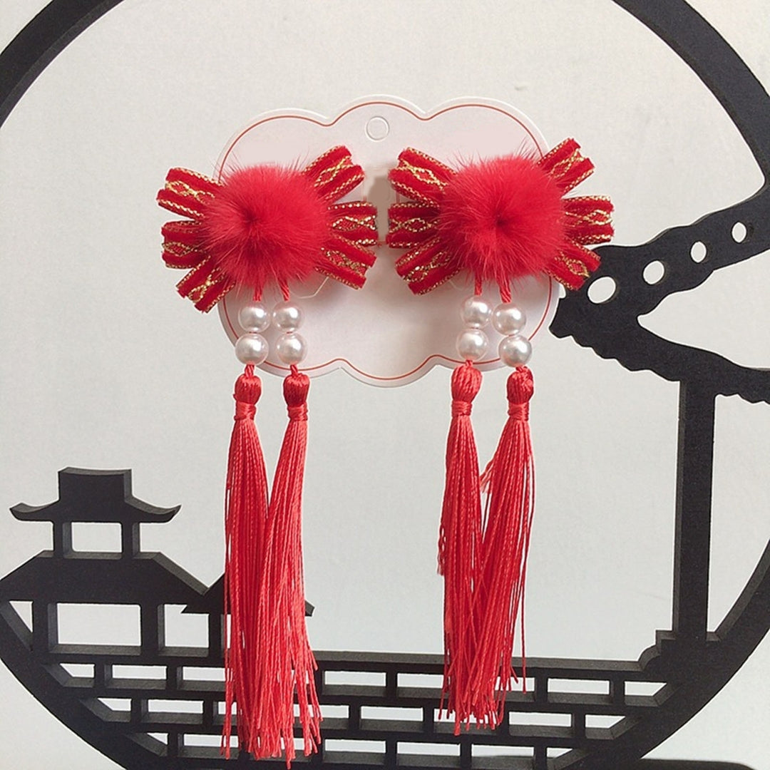 1 Pair Kids Festive  Year Hairpins Long Tassel Plush Balls Beads Bowknot Decor Red Hair Clips Hanfu Headwear Tang Suit Image 11