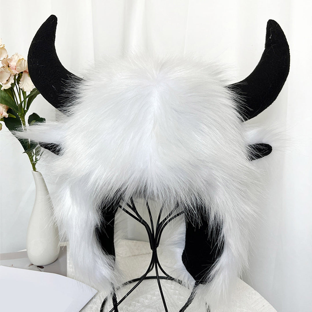 Winter Funny Hat Fake Cow Horn Decor Thunderbolt Thick Warm Faux faux Ear Protection Personality Image 4