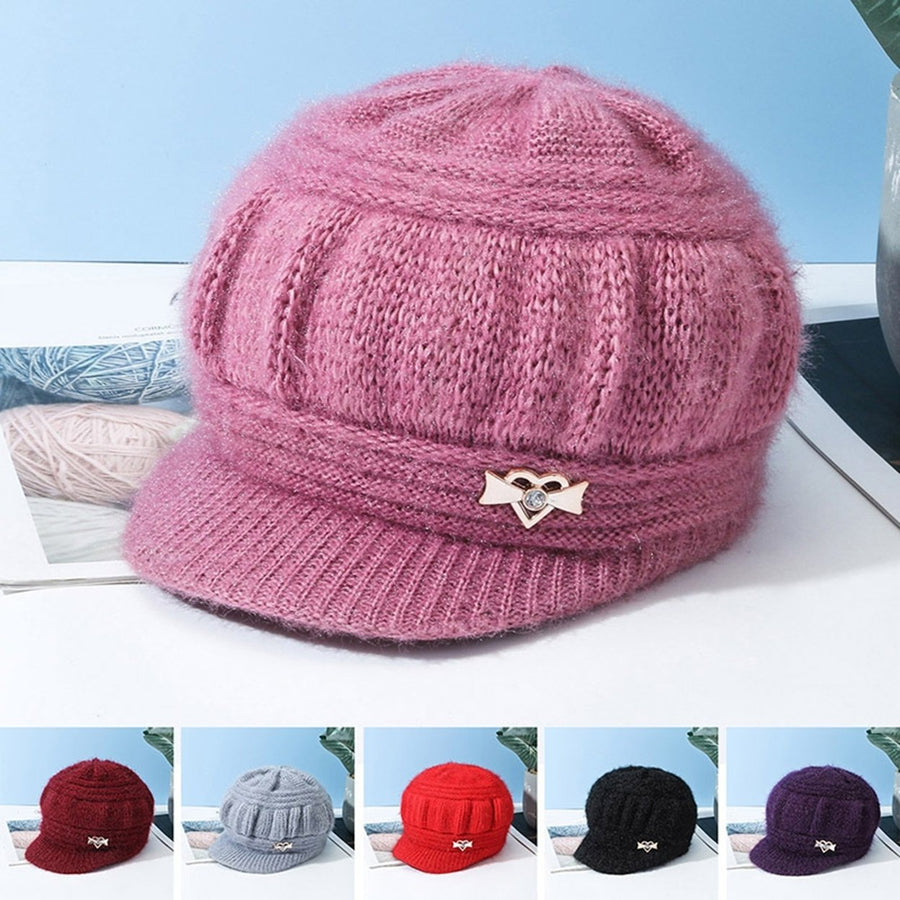 Mid-aged Women Winter Hat Thickened Knitted Elastic Short Brim Heart Rhinestone Decor Pure Color Windproof Warm Head Image 1