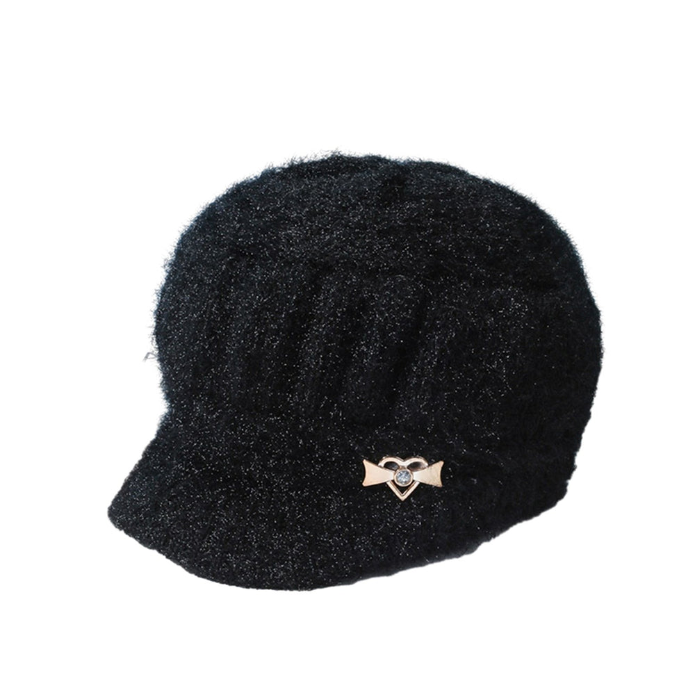 Mid-aged Women Winter Hat Thickened Knitted Elastic Short Brim Heart Rhinestone Decor Pure Color Windproof Warm Head Image 2