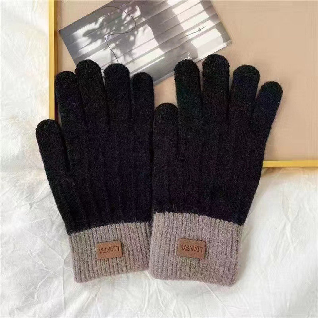 1 Pair Unisex Winter Gloves Thick Touch Screen Windproof Plush Knitted Color Matching Elastic Warm Image 9