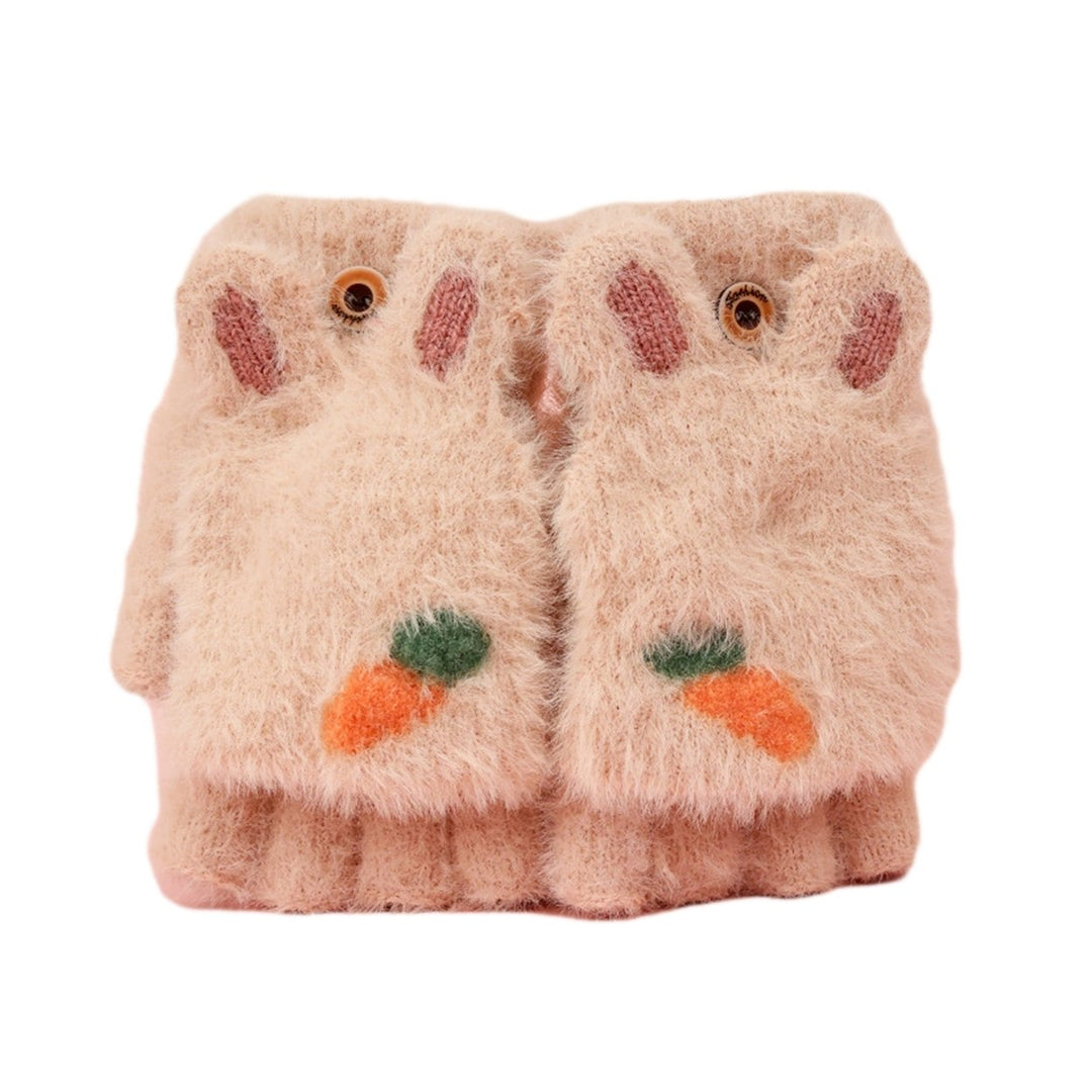 1 Pair Children Students Winter Writing Gloves Cozy Faux Mink Hair Half Finger Cover Cartoon Rabbit Shape Knitted Warm Image 1